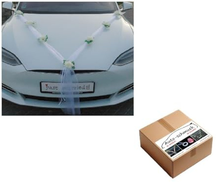 DER Klassiker Auto-schmuck 100% fertige Dekoration Braut Paar Rose Deko Autoschmuck Hochzeit Car Auto Wedding Deko Ratan Girlande (Ecru/weiß)