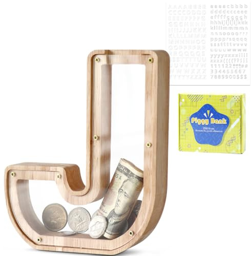 DBPBToU Spardose Kinder Holz Buchstaben Spardose (J) | Personalisiert Sparschwein Kinder，Durchsichtiges, Geburtstag Geschenk/Heimdekoration/Keepsake
