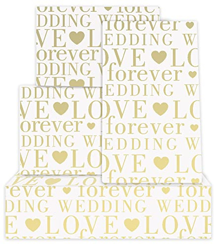 Love Forever Wedding mit Herzen, Weiß & Goldfolie, Geschenkpapier, flach gefaltet, 4 Blätter, 50 x 70 cm pro Blatt, für Hochzeiten, Brautpartys, Verlobungen