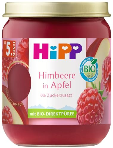 HiPP Bio Himbeere in Apfel (6 x 160g), Babygläschen ab 5. Monat, ohne Zuckerzusatz, mit intensivem Fruchtgeschmack dank Direktpüree und schonender Verarbeitung