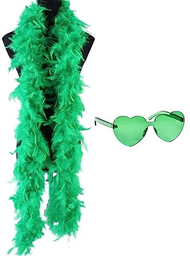 Regenbogen-Federboa, 200 cm, rosa Federboa, Federboa und Herzbrille, Anzug für Weihnachten, Halloween, Tanzen, Hochzeit, Party und Cosplay (grün)