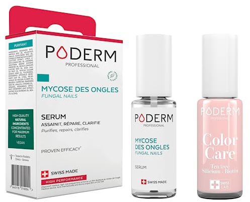 PODERM - LOT 2 PRODUITS | MYCOSE ONGLE TRAITEMENT | Best Seller | Soin professionnel pied/main | Facile & rapide | Swiss Made + Vernis Rose TEA TREE - Traitement des Ongles Abîmés par MYCOSE