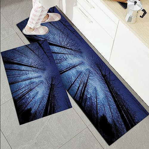 Küchenläufer Küchenmatte 2 Stück 45x70cm+45x120cm,Nachthimmel, Wald Trockene Äste Sternenhimmel Sterne Morgendämmerung W,Rutschfest Pflegeleicht, Anti-Müdigkeit Küchenteppich Teppich Läufer für Küche