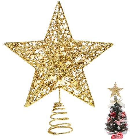 KEYIDO Mini Star Tree Topper Gold Small Christmas Tree Topper Metal Xmas Small Star for Top of Christmas Tree Decorations Width 12cm/4.7Inch, High 15cm/6Inch