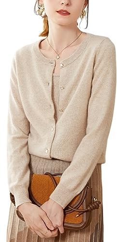 Valin Gilet Cachemire Femme Col Rond Perles Ajusté,Chameau,38