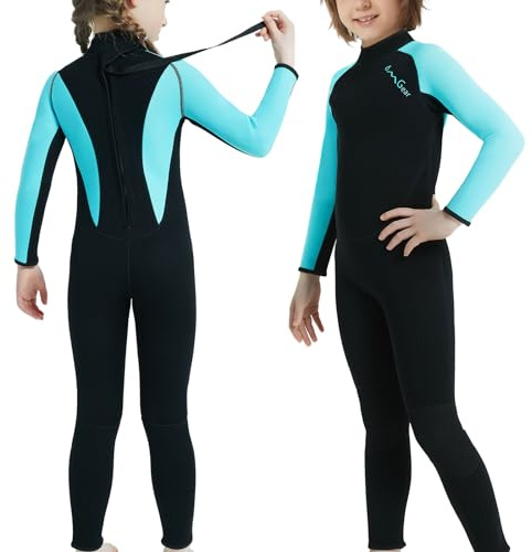 OMGear Kids Wetsuit 3mm Fullsuit for Children Neoprene Long Sleeves Swimsuits Thermal Dive Suits for Youth Boys Girls Scuba Diving Surfing Snorkeling Swimming Water Sports(Full/Light Blue,14)