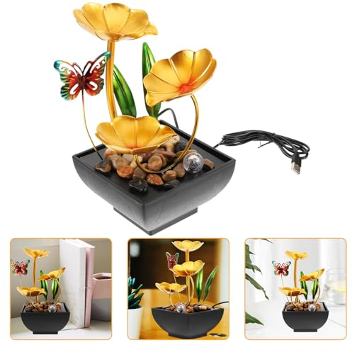 Cabilock Fontana Da Tavolo in Ferro Con Flusso D'acqua Decorativa Usb Adatta Per Ufficio Hotel e Casa Ornamento Zen Con Foglia Di Loto e Farfalla Design Antico e Resistente Per Ambienti Int