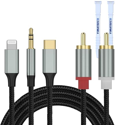 Lightning/USB Typ C/3,5mm auf 2 Cinch Kabel, RCA Aux Kabel Stereo RCA Audiokabel Cinch Stecker für Hi-Fi Verstärker Lautsprecher Kompatibel mit iPhone IOS/Huawei/Samsung(1,3M, 3-In-1 Audiokabel)