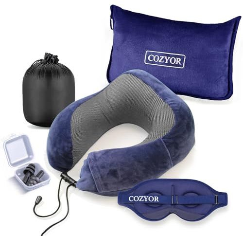 Cozyor Reiseset 4-teilig: Nackenkissen + Schlafmaske + Reisekissen & Reisedecke 2 in 1 + Ohrstöpsel, mit Rucksack-Clip & Kofferbefestigung, 100% Polyester für Flugzeug leicht, Kinder & Erwachsene