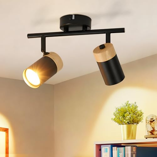 Glitzerlife Deckenstrahler Holz Deckenlampe 2 Flammig Deckenleuchte | Schwarz GU10 LED Schwenkbar 330° Spotlight für Flur Garage Wohnzimmer Schlafzimmer Küche Ohne Leuchtmittel