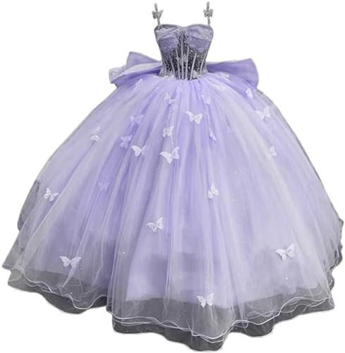 TSxuelian Vestido de fiesta con tirantes delgados para mujer, vestido de quinceañera con diseño de mariposa, vestido de 16 con lazo, Lila, 48