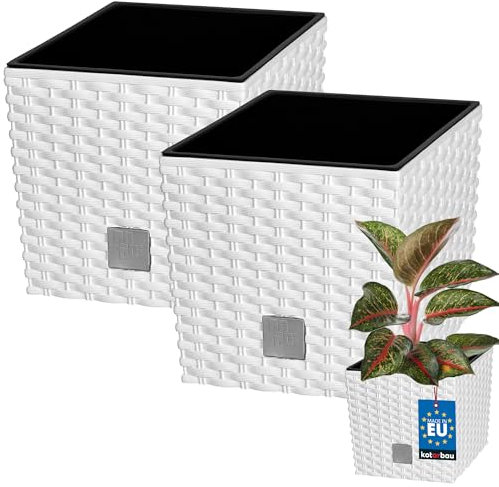 KOTARBAU® 2er Set Blumentöpfe 6,8 L Höhe: 20 cm Weiß Pflanzentopf aus Kunststoff Übertopf mit Innentopf Blumentopf Set wie Rattan Pflanzentopf Innen Außen