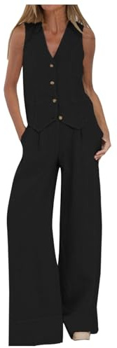 Trouser Suits for Ladies Wedding Womens Waistcoat and Trouser Set 2 Piece Set V Neck Sleeveless Button Vest Wide Leg Trouser 2 Piece Blazer Suit Summer Matching Sets Cotton Linen Pants Set Black