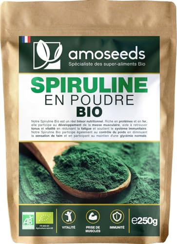 Spiruline en poudre BIO 250G | Naturelle et Pure | Riche en protéines, fer | Énergie, Sport, Immunité | Sans OGM, sans Conservateurs | Qualité Supérieure