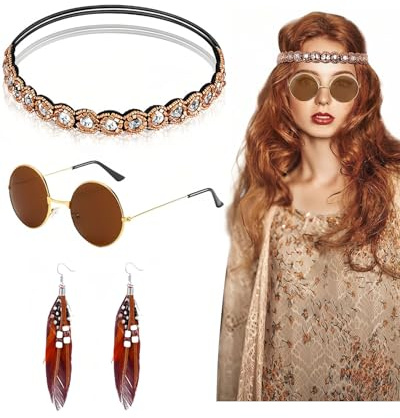 KGDUYC 3 Stück Hippie Accessoires - Damen Set Outfit Hippie Schmuck Karneval Retro Sonnenbrille Rund Boho Stirnband Hippie Ohrringe Federn,für Frauen Mädchen Cosplay