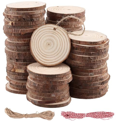 FUNSUEI 80 Stück Holzscheiben 6-7cm Durchmesser, Klein Natur Baumscheiben Deko mit Loch, Unvollendete Holzscheiben zum Basteln Naturholzscheiben für DIY Handwerk