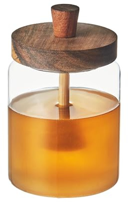 Eden & Willow Clear Glass Honey Jar with Acacia Lid and Spoon, Glass Pot with Wooden Dipper for Dispensing Honey and Syrup - 440ml (Pack of 2)