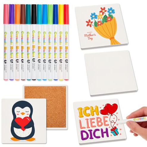 Geiserailie DIY Keramik Untersetzer Set Enthalten 4 Weiße Keramikuntersetzer mit Pad und 12 Verschiedene Farbe Porzellanstifte Keramik Rohlinge zum Bemalen Basteln Untersetzer zum Dekorieren(Quadrat)