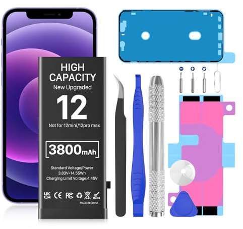 Batterie pour iPhone 12/12 Pro, 3800 mAh - Batterie de Remplacement Neuve (0 Cycle) pour iPhone 12/12 Pro avec kit Complet d'outils de réparation, modèles A2172, A2402, A2403