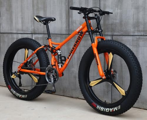 Kcolic 24/26 Zoll Mountainbike, 4,0 Zoll Fat Tire, Erwachsenenfahrrad, 21 Gang Fahrrad, Rahmen Aus Kohlenstoffstahl, Doppelte Vollfederung, Doppelscheibenbremse D,24in