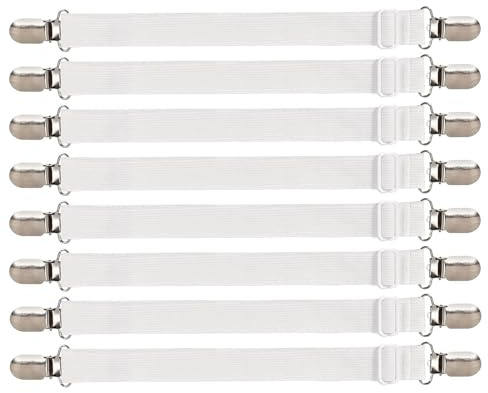 iCovalescent 8 Stück Bettlakenspanner Verstellbar(30cm-130cm), Lakenspanner mit Metallclips, Matratzenspanner für Bettlaken, Matratze, Sofa, Bügelbrett(Weiß)