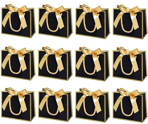 Små presentpåsar med handtag, mini presentpåsar liten tack-presentpåsar med rosett för bröllop baby party födelsedag del (svart, guld, 12 stycken)