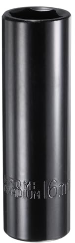 sourcing map 1/2 Drive 6 Point Socket 16mm Metric Deep Impact Socket Chrome Vanadium Alloy Steel Square Drive 6-Point Sockets Mechanic Hand Tool for Pneumatic Wrench, Black Glossy