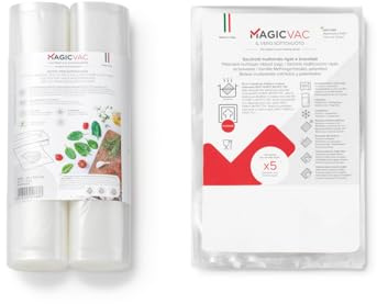 Magic Vac, 2 Rotoli Sottovuoto per Alimenti 30x600 cm e 100 Sacchetti Sottovuoto 20x30cm, Resistenti, Privi di BPA, Brevettati, Made in Italy