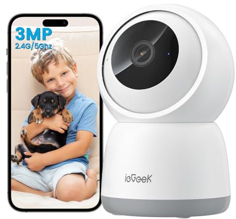 ieGeek 2K Telecamera WiFi Interno Supporta 2,4/5GHz, 3MP Videocamera Sorveglianza Esterno con Tracciamento Automatico e Rotazione a 360°, Visione Notturna, Audio Bidirezionale,Funziona con Alexa, SC1