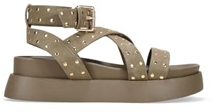 BOSANOVA Sandalen 'Grunge' mit drei breiten Streifen mit kleinen silbernen Nieten und Plattformsohle mit Bio-Plattform, Armbandverschluss mit Schnalle, Damenschuhe, Taupe, 39 EU
