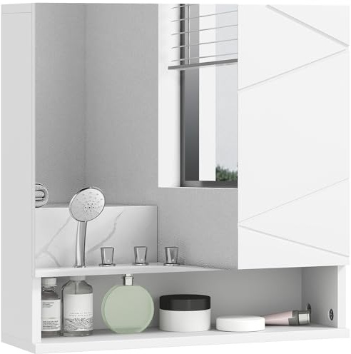 kleankin Bathroom Mirror Cabinet, Wall Mounted Bathroom Storage Cupboard with Adjustable Shelves, 55W x 17D x 55Hcm, White