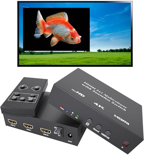4K HDMI Multi Viewer 2 in 1 Out mit Fernbedienung - Nahtlose Umschaltung 2x1 Multi-Viewer, 2 HDMI-Eingänge (Geräte) & 1 Ausgang (Display), bis zu 4K @ 30Hz, 1080P für PS4, PC, DVD, Überwachungskamera | Side-by-Side Dual Display, 4K @ 30Hz, IR-Fernbedienung & Audio-Steuerung, Metallgehäuse