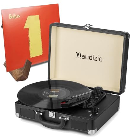 Audizio RP114BK Black Suitcase Vinyl Record Player with Built-in Speakers & Retro Wooden Vinyl Display Stand, Briefcase Turntable for Home Audio & Retro Music Lovers