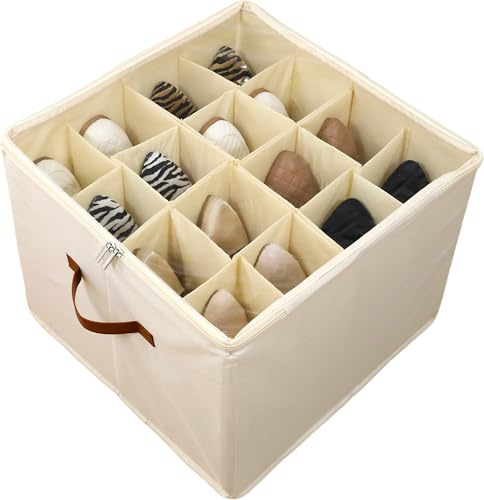 Saklifuo Shoe Storage Box, Fits 16 Pairs, Foldable Shoe Organiser with Clear Zip Cover, Adjustable Dividers & Handles, Space Saver Shoes Holder for Closet & Wardrobe