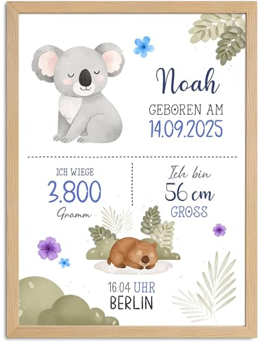 SpecialMe® Baby Poster mit Geburtsdaten und Tieren Koala Bär Fuchs Rehkitz Geschenk zur Geburt Taufe Deko Babyimmer