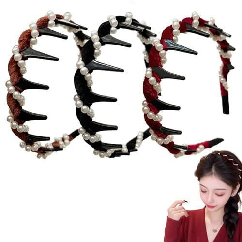 3 Stück Vintage High Cranium Artificial Pearl Hairband, Hoher Schädel Perlen Haarbänder, Frauen Stirnbänder Nicht Rutschen mit Zähnen, Zickzack Haarreif, Elegante Stirnbänder für Frauen Mädchen (B, 1)