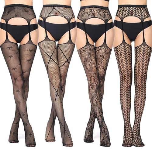 Bestie Favor 4 Paar Sexy Strapsstrümpfe Schwarz Damen Ouvert Strümpfe mit Muster Einteilige Fishnet Stockings für Reizwäsche und Alltagskleidung