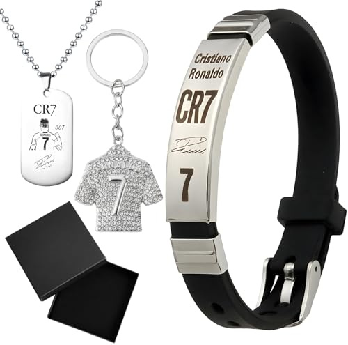 ZVBRSKM 3 Stück Fußball Accessoire Set mit CR7 Armband,Schlüsselanhänger Set mit Geschenkbox, Ketten für Jungen, Jungs und Kinder,Freundschaftsarmbänder Jungs