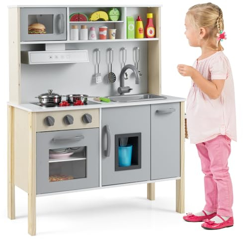 COSTWAY Cocina de Juguete para Niños, Cocinita Infantil de Madera con Microondas, Campana Extractora, Estufas, Fregadero de Juguete, Horno, Fabricador de Hielo y 18 Accesorios (Gris)