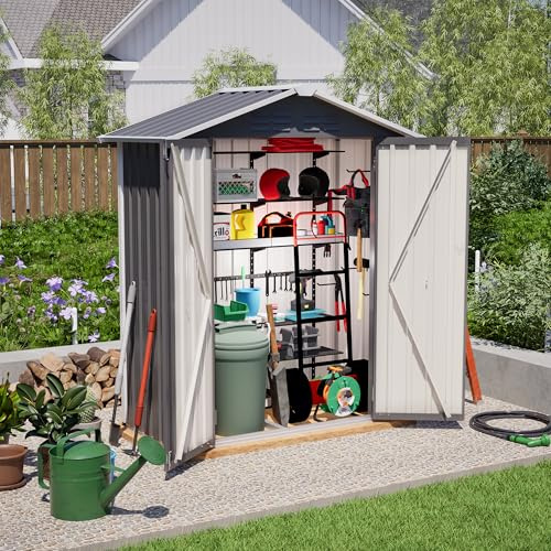 Armadio da giardino in metallo, 154 x 83 x 180 cm, con fori di ventilazione, con base in metallo, porta richiudibile, resistente alle intemperie, per attrezzi da giardino (grigio)