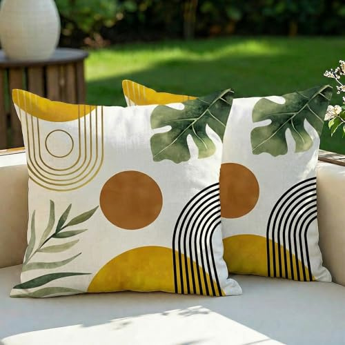 Vorysum Wasserfest Kissenbezug 40x40 cm 2er Set Outdoor Wasserdicht Sofakissen Retro Boho Dekokissen Kissenbezüge Dekorativ Kissen Kissenhülle aus Polyster für Garten Sofa Wohnzimmer Gelb