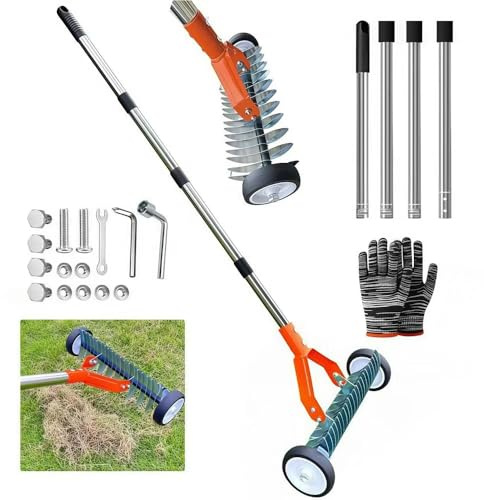 Handvertikutierer mit Stiel 163cm, Vertikutierer Hand mit Rollen, Vertikutierer Rechen, Metall Schneidrechen Garten, Abnehmbar, Verstellbarer Vertikutierrechen, Vertikutierharke für Garten, Hof