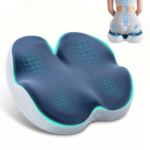 zxevg Coccyx Cushion Memory Foam Dark Blue Non-Slip | Orthopedic seat cushion for tailbone pain relief. Memory foam for office chair, car seat & gaming chair. Non-slip base
