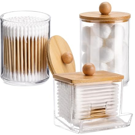 LIRONGTAGE 3 Pcs Cotton Pad Holder, Bathroom Storage Dispenser Jars, Cotton Wool Bud/Swab/Ball/Makeup Holder with Bamboo Lid, Vanity Makeup Organiser for Bedroom, Living Room & Dressing Table
