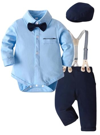 Generisch Set da festa per bambini in stile gentleman, 4 pezzi, con body, pantaloni, bretelle e cappello, abbigliamento elegante per battesimo e matrimonio, Stile_y05 blu, 3-6 Monate
