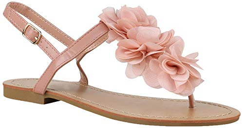 stiefelparadies Damen Dianetten Blumen Sandalen Zehentrenner Sommer Flats Beach Zierperlen Schuhe 135354 Apricot 37 Flandell