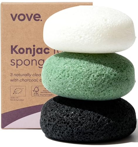 Vove Organic Konjac Facial Sponges, Pack of 3 - Exfoliating Face Sponges with Bamboo Charcoal & Green Clay, Gentle for All Skin Types, Natural Vegan Skincare, Certified Organic