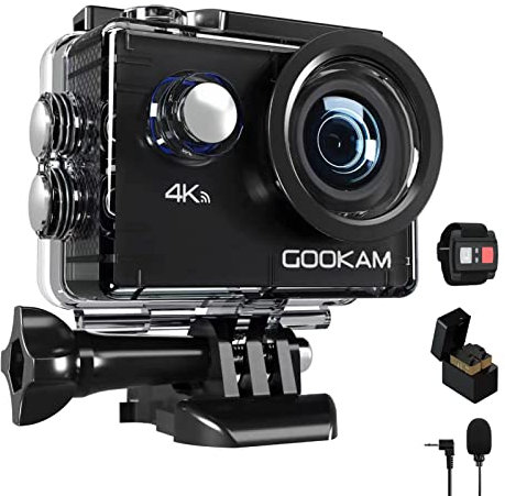 GOOKAM Action Cam 4K 20MP 40M Unterwasserkamera Wasserdicht WiFi Actionkamera mit 2.4G Fernbedienung 170 ° Weitwinkel Helmkamera mit 2x1050mAh Akkus Externem Mikrofon Reichlich Zubehör Kits