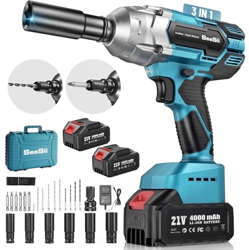Seesii Cordless Impact Wrench 1/2 inch, High Torque 479 Ft-lbs(650Nm) Brushless Impact Gun,2500RPM w/2x4.0 Battery, 6 Sockets,8 Drill Bits, High Torque Power Impact Driver for Car Home,WH6 Lite