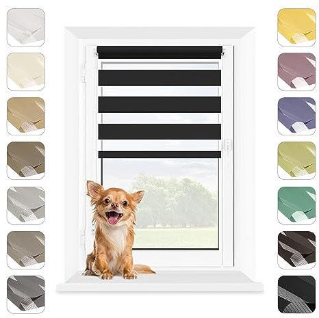 MARDOM Rollos für Fenster Ohne Bohren, Duo Rollo Tag und Nacht, Rollo Ohne Bohren, Doppelrollo Klemmfix Ohne Bohren, Fensterrollo Innen, Jalousien (Schwarz, 112.5x140 cm (Stoffbreite: 108.5)